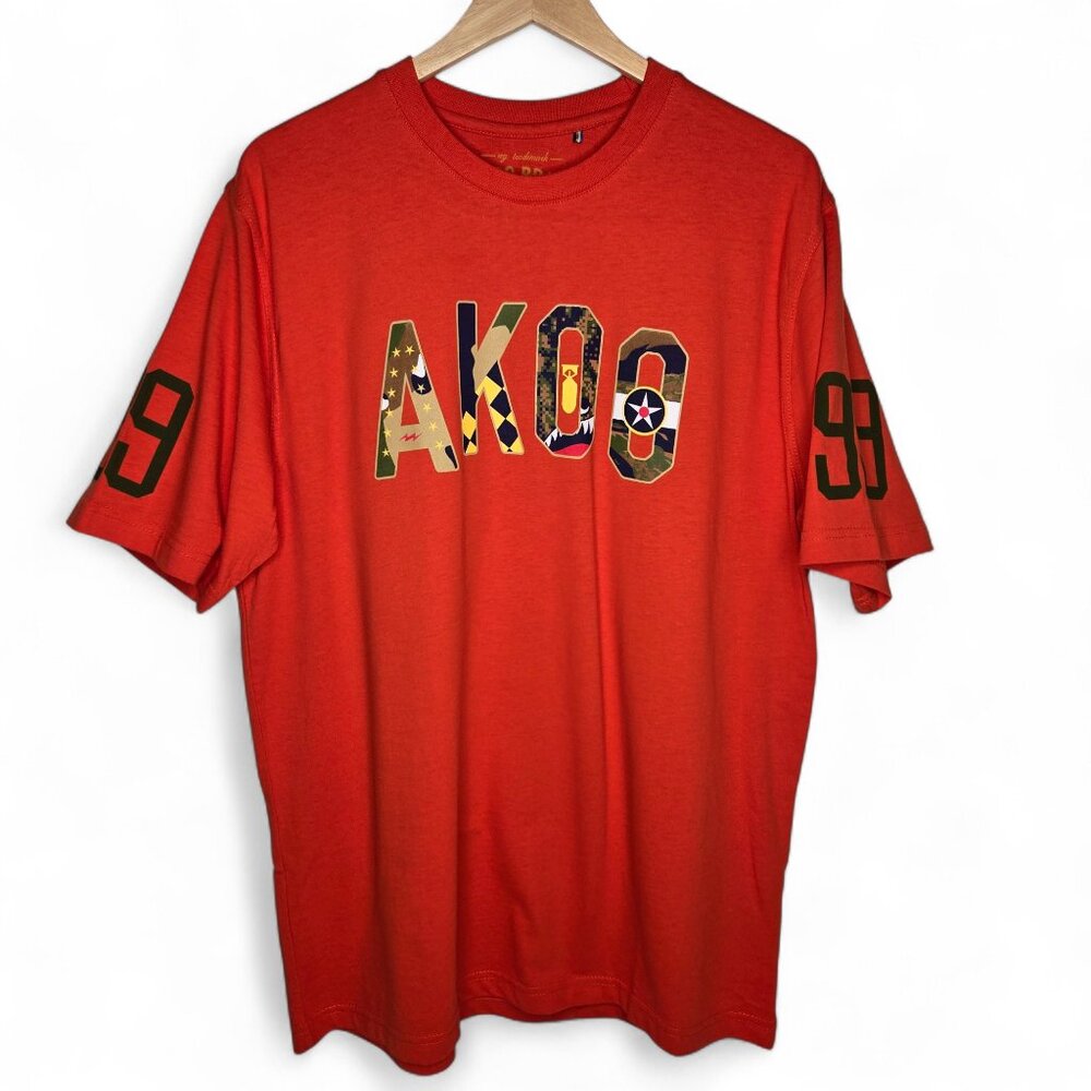 Akoo City Camo T Shirt Men's Crew Neck All Cotton Deep Orange Spell Out Street L